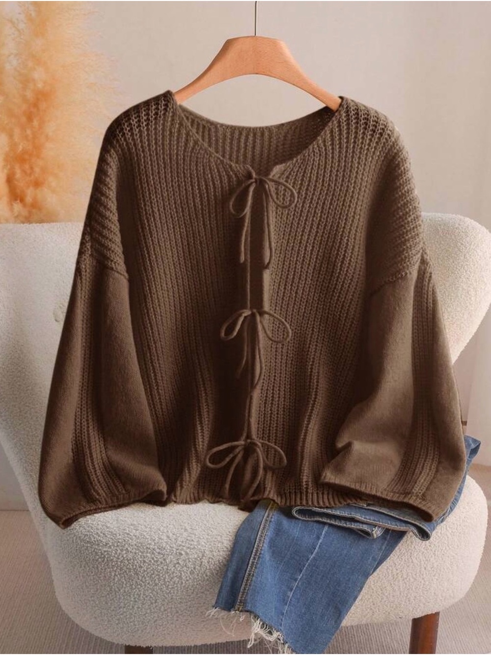 Cozy Tie-Front Knit Sweater Cardigan - Brown